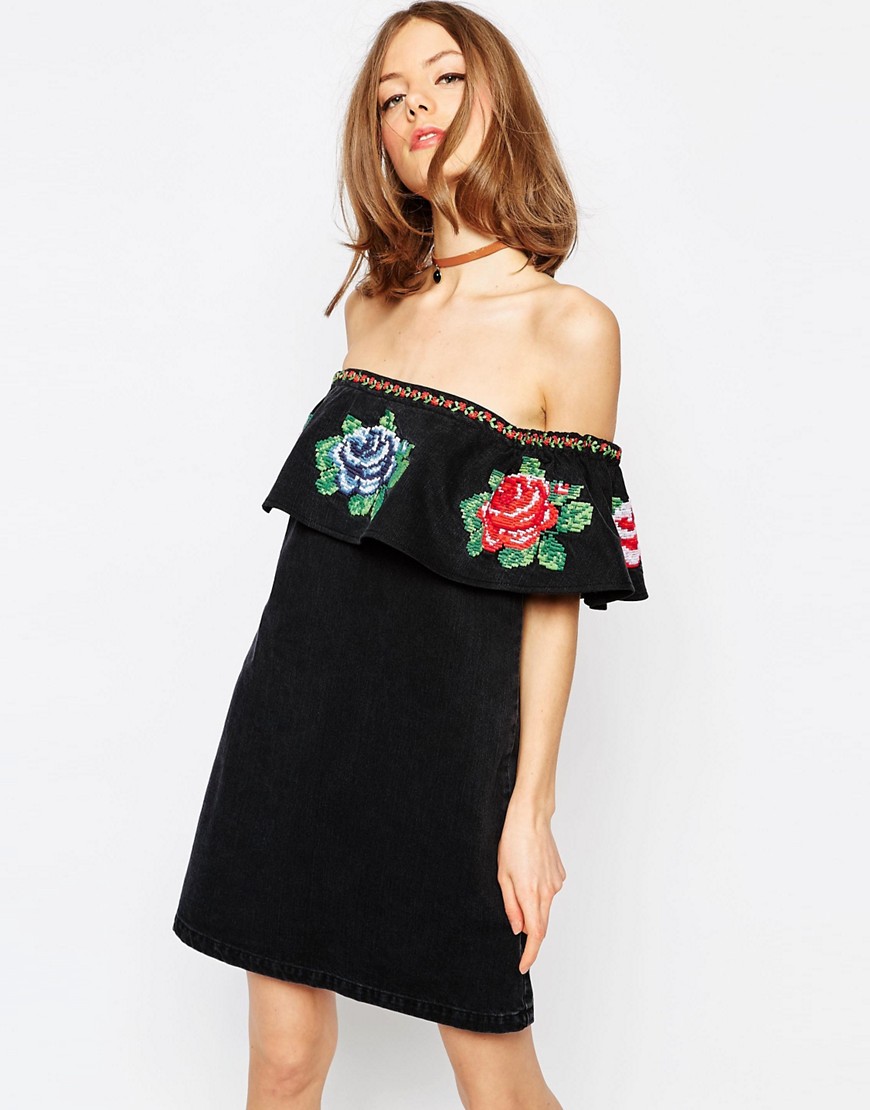 Asos Blank And Floral Dress Bardot