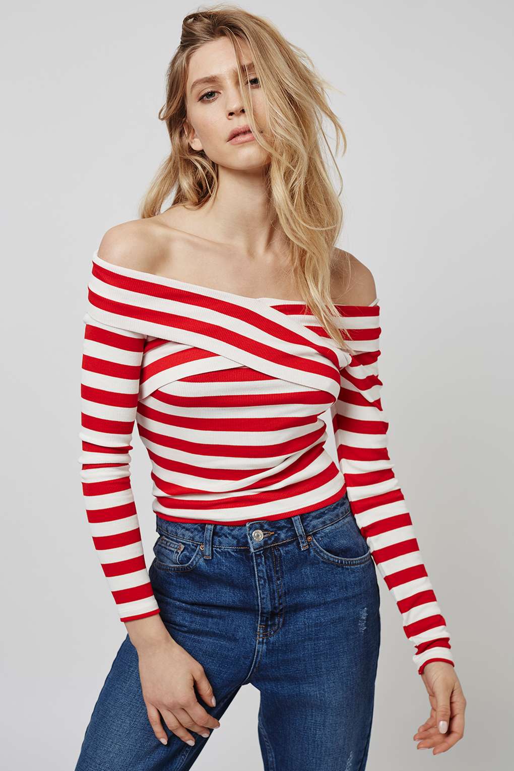 Topshop Red and White Bardot Top